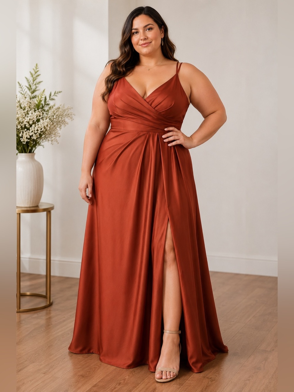 Azazie Aqua Stretch Satin Bridesmaid Dress A22 Terracotta BNWT